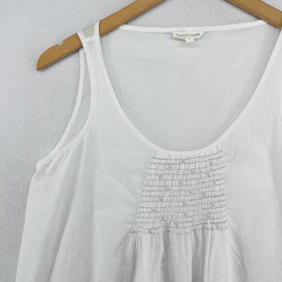 EILEEN FISHER Tank Top S Organic Cotton Voile Sheer Smocked Shell White - Picture 6 of 15